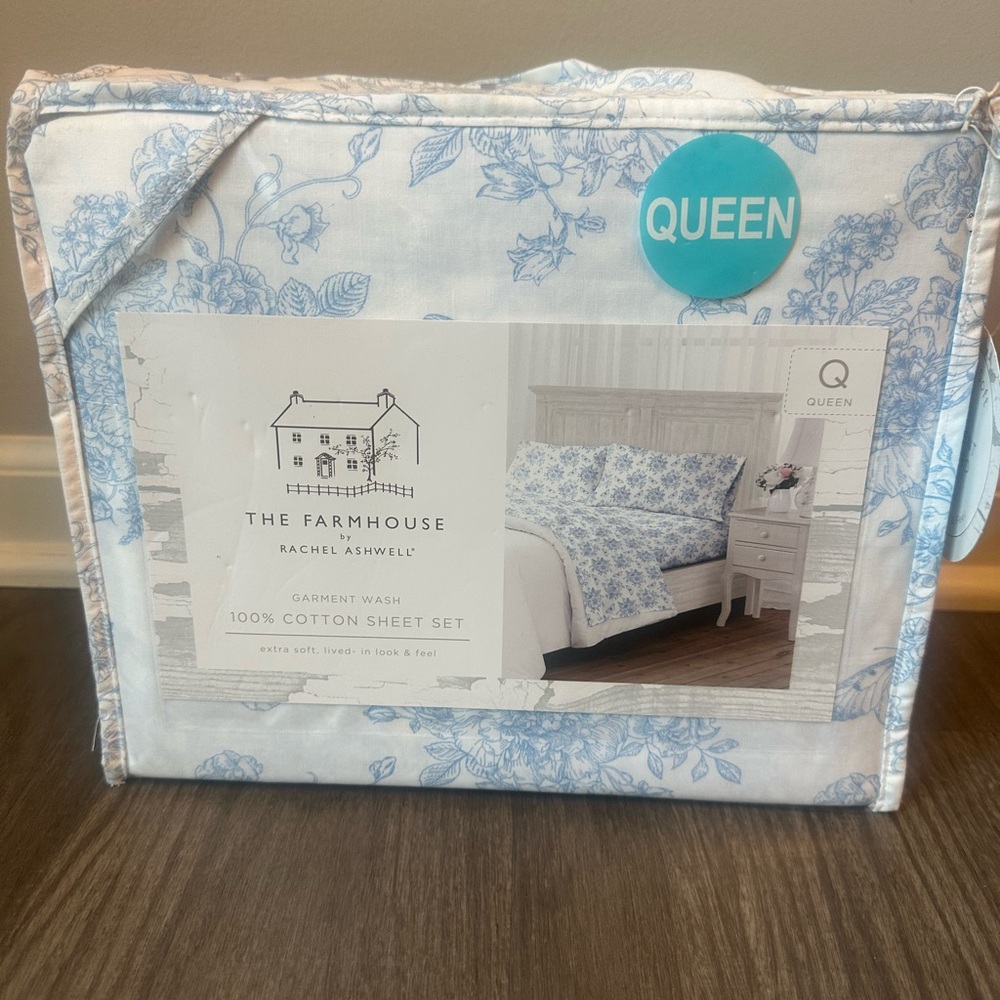 The Farmhouse Rachel Ashwell Blue Floral With Butterflies Cotton Sheet Set Queen